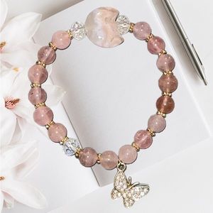 Rose Quartz, Flower Agate Moon, Clear Quartz with Butterfly Charm